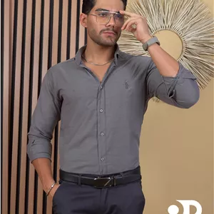 پیراهن طوسی تیره ساده مردانه نخی پولو پارچه شانلی کیفیت بالا | سایزبندی کامل