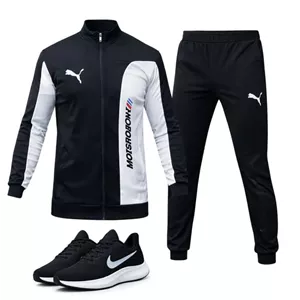 ست سوییشرت شلوار مردانه مشکی مدل MotorSport کفش ورزشی مردانه Nike مدل Tigo زیره سفید - 43