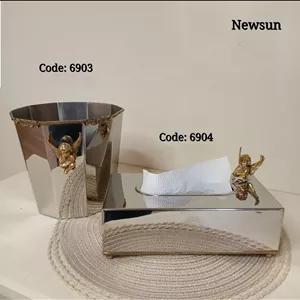 سطل و جای دستمال کاغذی هندی استیل برنج نیوسان مدل فرشته کد 6904-6903