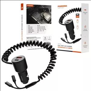 شارژر فندکی 2پورت یک پورتPD فست دارای کابل فنری type c-lightning متصل  Porodo C Lcables fwc034