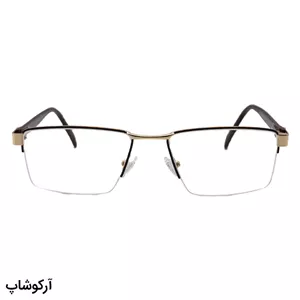 عینک طبی نیم فریم پرادا با فریم طلایی، شکل مستطیلی، جنس فلزی، دسته قهوه‌ای و لولا فنردار مدل 5215