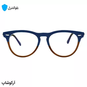 عینک بلوکنترل با فریم شکل ویفرر، رنگ آبی و قهوه‌ای، دسته سیم‌دار برند ریبن و لنز بلوکنترل کره‌ای برند SKY مدل RB4471