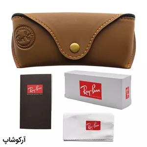 پک عینک برند ریبن (Ray-Ban) با تمام تجهیزات و قاب قهوه‌ای رنگ و چرمی مدل 993029