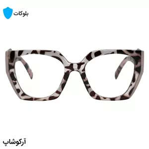 عینک زنانه برند پرادا با فریم قهوه‌ای و کرمی، شکل پروانه‌ای، دسته قهوه‌ای و کرمی و لنز بی‌رنگ و شفاف (بلوکات) مدل TR-P5211