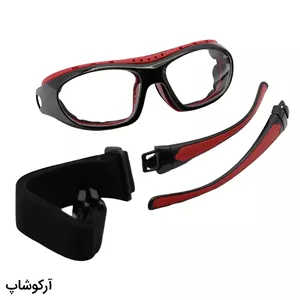 عینک طبی ورزشی با فریم مشکی و قرمز (به همراه بند مشکی و دسته) برای فوتبال، والیبال، بسکتبال، فوتسال و هندبال مدل F9818