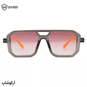 عینک دید در شب فندی با فریم طوسی براق، شکل مربعی، دسته نارنجی رنگ، دو پل بینی و لنز صورتی هایلایت مدل M6125