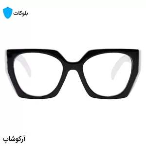 عینک زنانه برند PRADA با فریم مشکی و سفید، شکل پروانه‌ای، دسته سفید و لنز بی‌رنگ و شفاف (بلوکات) مدل TR-P5211