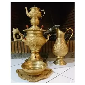 سماور برنجی قلمزن آب طلا استاد اکبر عباسی قدیمی