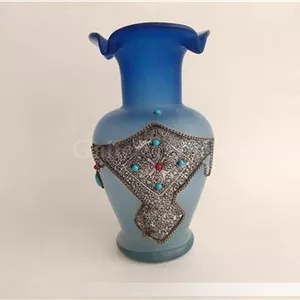 گلدان شیشه ای قدیمی و کاردست رنگ آبی (کد50509)