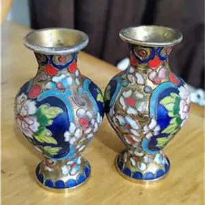 جفت گلدان برنجی میناکاری آنتیک ارتفاع 10