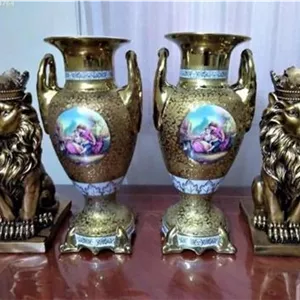 جفت گلدان طلا آنتیک پهلوی و مجسمه شیر تاجدار
