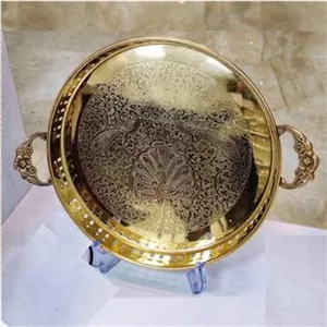سینی برنجی هندی قطر 38 سانت مدل لبه دار طرح طاووس