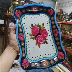 سینی فلزی قدیمی تصویر گل محمدی زیبا آنتیک