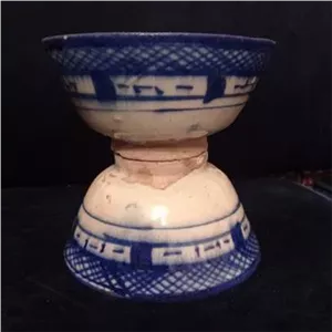 جفت کاسه سفالی قلم آبی کهنه قاجاری کلکسیونی