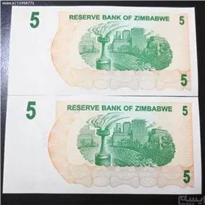 اسکناس جفت سوپر بانکی و زیبای 5 دلار کشور زیمباوه