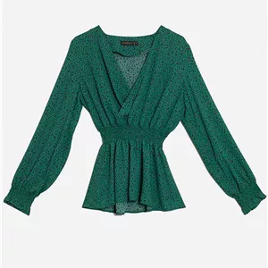 بلوز زنانه کرپ ژرژت طرح دار کش دوزی یقه هفت هشت کژوال فریما بُرنُس