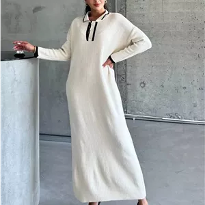 بافت بلند زنانه ترک موداگن | Modagen Contrast Trim Collared Knit Maxi Dress