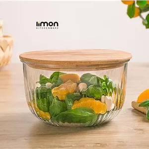 کاسه گرد شياردار 970 ميلي ليتر درب چوبي کد 217659 لیمون