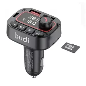 شارژر فندکی 42 وات بودی مدل Budi CCT19B با یک خروجی USB-C و 2 خروجی USB برای شارژ و پخش موسیقی دارای فرستنده FM بلوتوثی و پشتیبانی از کارت حافظه - مشکی