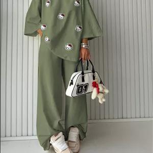 ست تیشرت و شلوار اورسایز کیتی دخترانه پارچه گلکسی