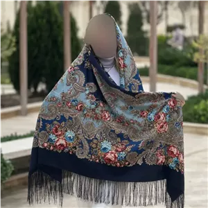 روسری پشمی اصیل ترکمن طرح آیلین آبی سایز 148 در 148 سانتی متر