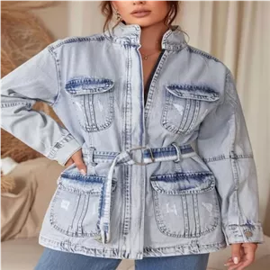 فروش کت جین زنانه کمربنددار آبی روشن
