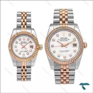ست ساعت رولکس عروس داماد دورنگ رزگلد صفحه سفید ایندکس نگین Rolex-6122-S