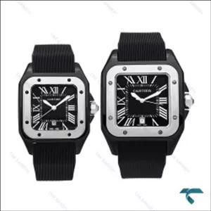 ست ساعت کارتیه سانتوس 100 مشکی سیلور بند رابر Cartier-6368-S