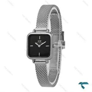 ساعت دنیل زنانه مربعی بند حصیری نقره ای صفحه مشکی DW-7629-L