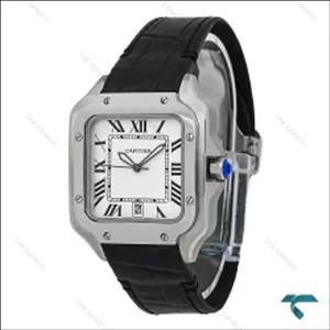 ساعت کارتیر Santos De Cartier مردانه نقره ای بند چرم مشکی Cartier-7303-G
