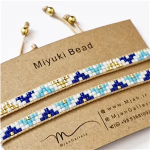 M0292 _ دستبند باریک آبی کمرنگ و کاربنی 3 رج ( منجوق میوکی )