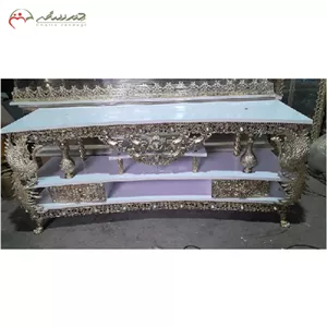 میز تلویزیون آبکاری دو طبقه نیم گرد طرح طاووس