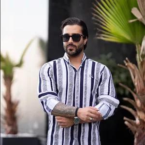 پیراهن آستین بلند مردانه راه راه درشت کنفی نخ ترک با تنخوری و کیفیتی بسیار عالی تولید شرکت L CON