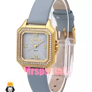 ساعت الکسا زنانه بند چرم چهارگوش قاب طلایی نگین دار صفحه ابی 020920 ALEXA Special