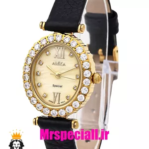 ساعت الکسا زنانه بند چرم صفحه بیضی قاب نگین دار صفحه طلایی 020924 ALEXA Special