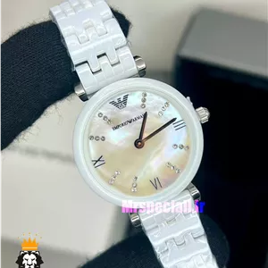 ساعت امپریو ارمانی زنانه سفید سرامیک صفحه صدف سفید 021233 EMPORIO ARMANI