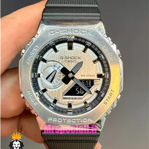 ساعت کاسیو جیشاک بند رابر مشکی قاب استیل صفحه نقره ای Casio g-shock gm-2100 021533