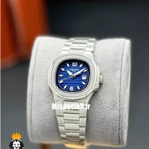 ساعت پتک فیلیپ زنانه مدل ناتیلوس کوارتز استیل قاب نگین صفحه ابی Patek Philippe NUATILOS 021266