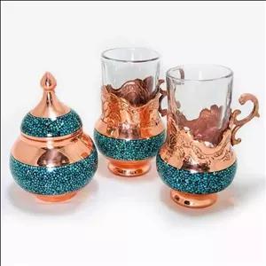 سرویس چایی خوری فیروزه کوبی 2 نفره چایی خوری فیروزه کوبی نیشابور صنایع دستی سایروس