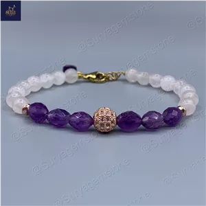 دستبند دخترانه سنگی ، سنگ رز کوارتز اصل و معدنی و آمیتیست  Amethyst Kiss