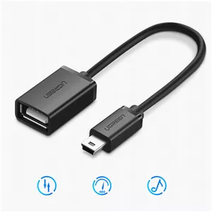 کابل مبدل OTG مینی یو اس بی یوگرین (UGREEN) مدل US249 کد 10383 | تبدیل Mini USB به مادگی USB-A، طول کابل ۱۰ سانتی‌متر، شیلدینگ چندلایه ضد نویز، سرعت ۴۸۰ مگابیت بر ثانیه