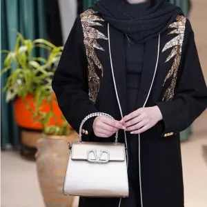 مانتو زنانه یقه آرشال طرح برگ جواهر دوزی ماهوت