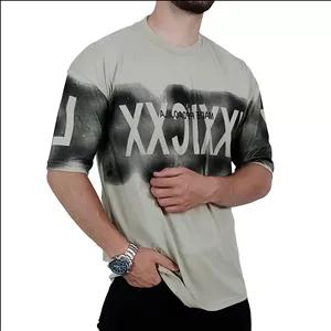تیشرت آستین کوتاه مردانه باکسی کرم طرح ایکس