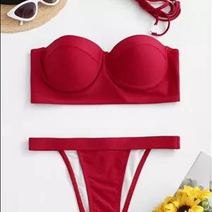 مایو بیکینی زنانه دوتیکه فانتزی قرمز رنگ کاپدار فنردار
