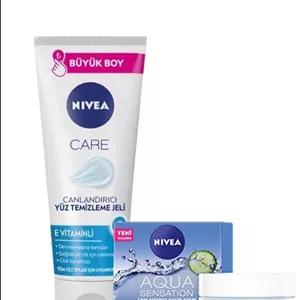 NIVEA ژل تمیزکننده آبرسان ویتامین E با افزودنی های ویتامین ال 225 میلی لیتر، کرم مراقبتی صورت انیمیشن آب سنسیشن 50 میلی لیتر