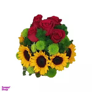 باکس گل طبیعی گرد رز، آفتابگردان و داودی