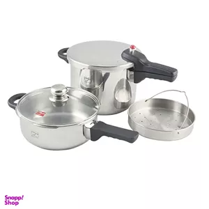 ديگ زودپز دو قلو پارس استیل مدل کفه سه لایه کد 0101/0612 گنجایش 3 و ۶ لیتر به همراه سبد بخارپز