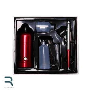 پیستوله رنگ پاش بادی حرفه‌ای شارژی برند سالکامیکس با سه مخزن ایر براش کاسه رو 0.3 میلی متر با مینی پمپ باد شارژی Salca Mix Air Brush With Rechargeable Mini Compressor