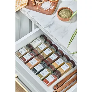 ست 24 پارچه جای ادویه شیشه‌ای مربع با درب آکاچیا و 56 برچسب کیتچن لایف