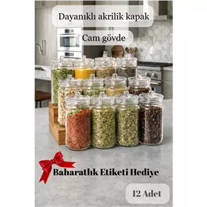 ست 12 پارچه ادویه‌خوری شیشه‌ای سرین برداک با درب وکیوم و برچسب